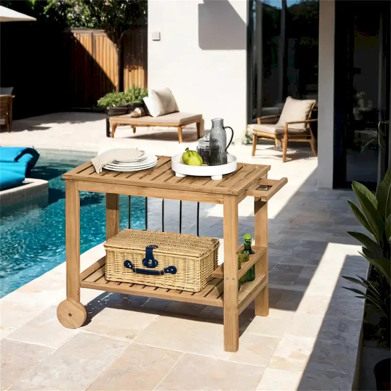 Outsunny Outdoor Bar Cart,Wood Rolling Home Bar & Serving Cart