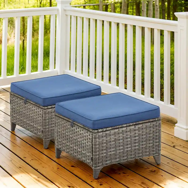 Ensemble de 2 poufs de jardin en rotin, repose-pieds d'extérieur en osier - Gris