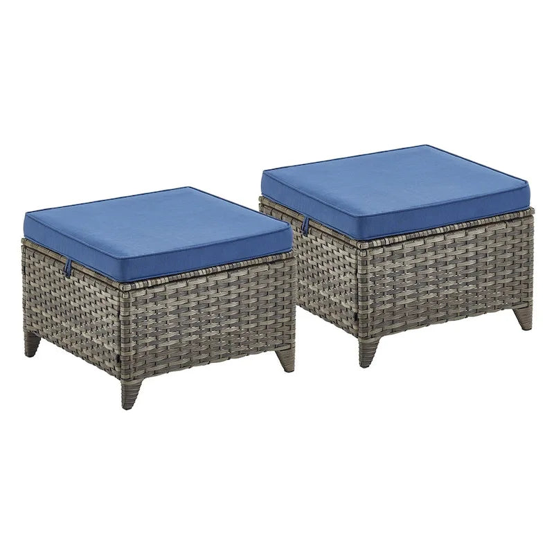 2 Piece Patio Rattan Ottomans, Outdoor Wicker Footstool - Grey
