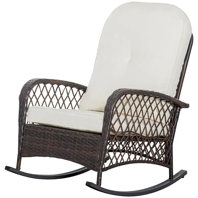 Fauteuil à bascule d'extérieur en osier avec coussin moelleux et structure en acier