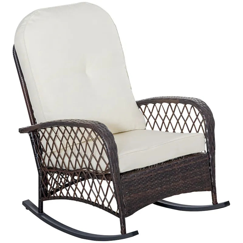 Fauteuil à bascule d'extérieur en osier avec coussin moelleux et structure en acier