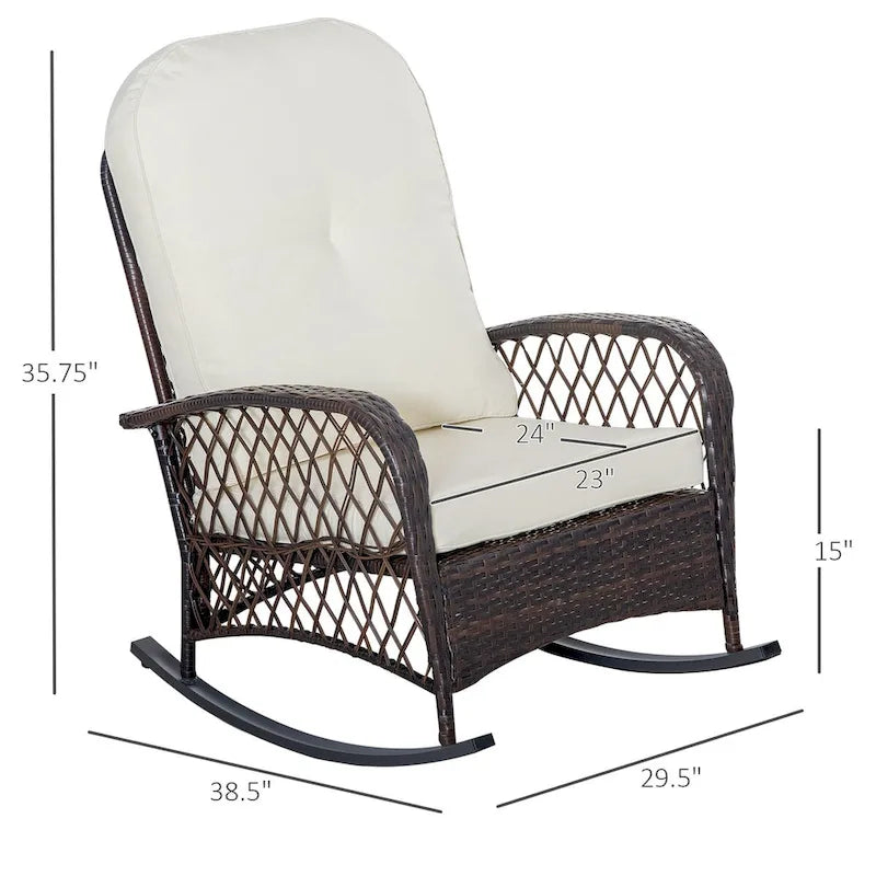 Fauteuil à bascule d'extérieur en osier avec coussin moelleux et structure en acier