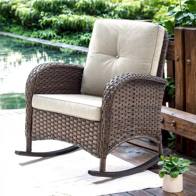 Patio Rattan Rocker Chair with High Back - Brown