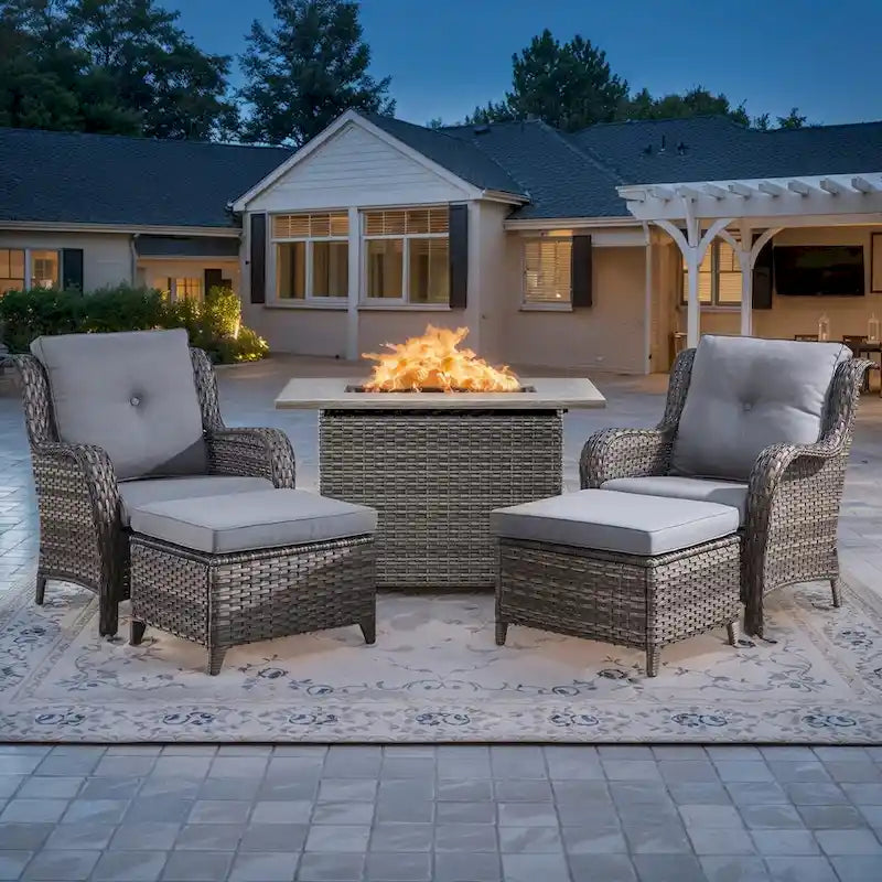 Outdoor Rattan Chair Ottoman Set with Fire Pit Table - Grey