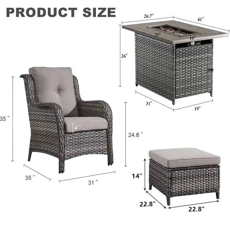 Ensemble fauteuil et repose-pieds d'extérieur en rotin avec table et foyer - Gris