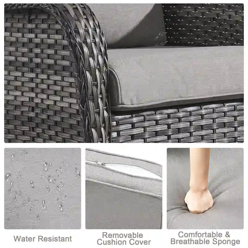 Ensemble fauteuil et repose-pieds d'extérieur en rotin avec table et foyer - Gris