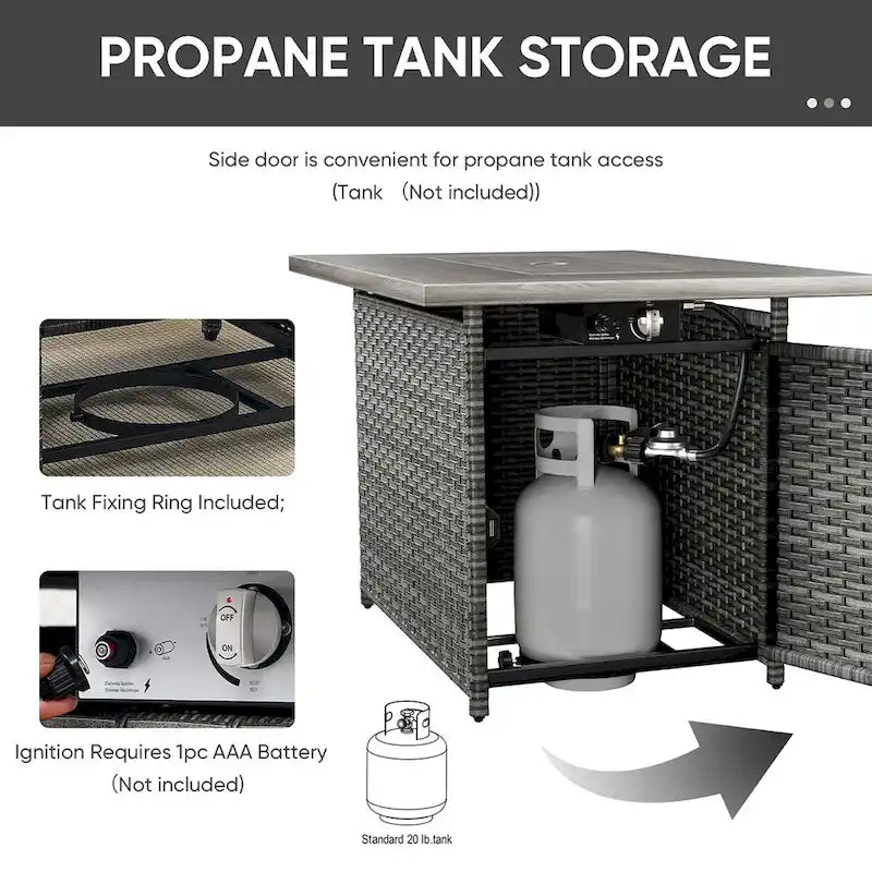 Ensemble fauteuil et repose-pieds d'extérieur en rotin avec table et foyer - Gris