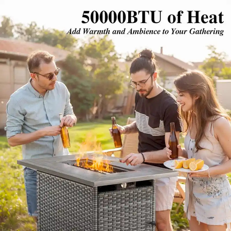 Ensemble fauteuil et repose-pieds d'extérieur en rotin avec table et foyer - Gris