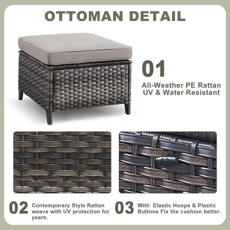 Ensemble fauteuil et repose-pieds d'extérieur en rotin avec table et foyer - Gris