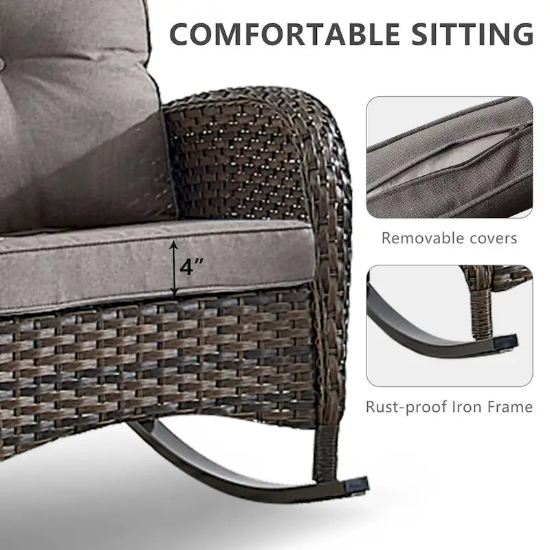 Fauteuils à bascule d'extérieur avec coussins épais - Marron