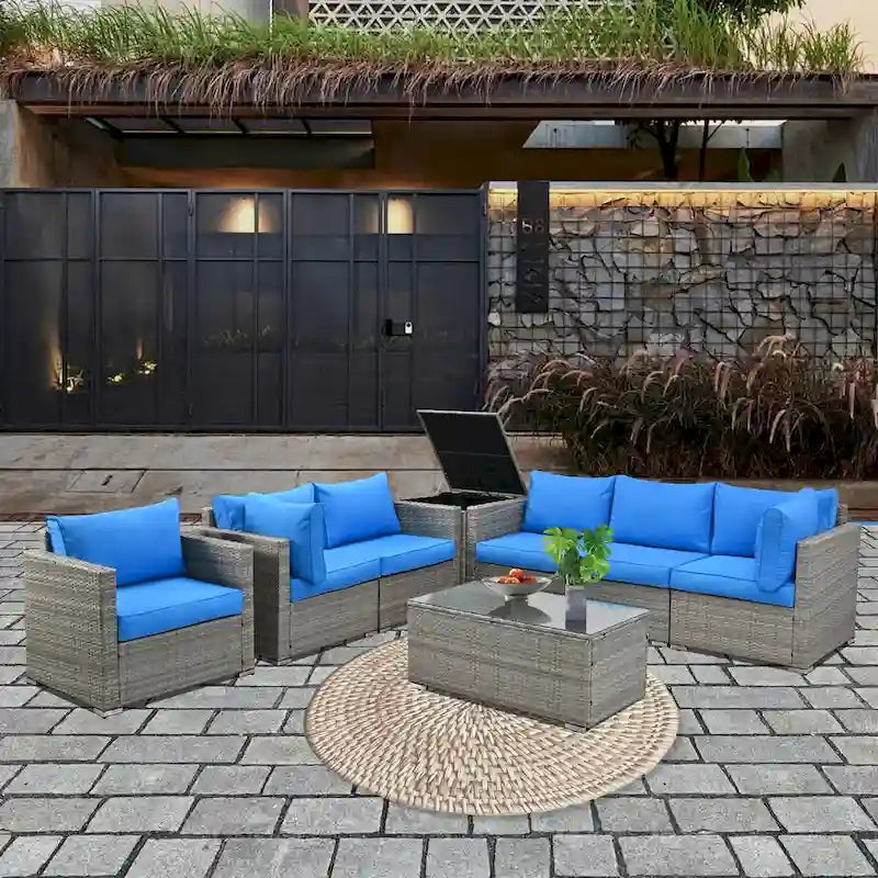 8-Pieces Wicker Outdoor Sectional Set with Glass Coffee Table and Cushions