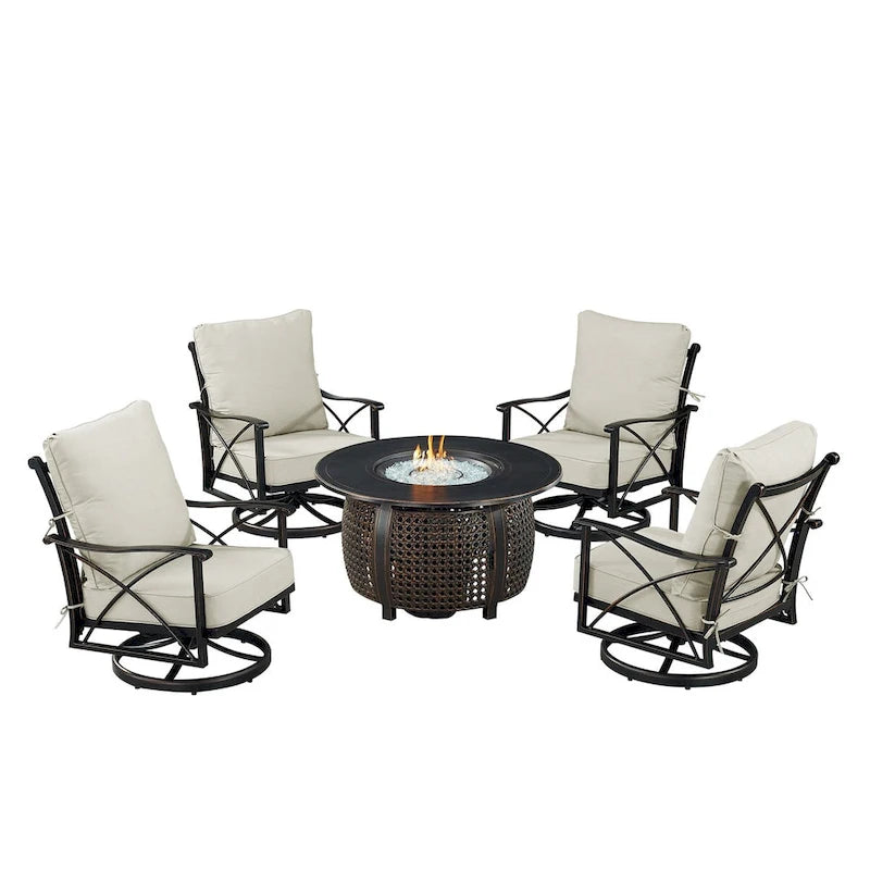 Ensemble table et feu en aluminium noir avec quatre fauteuils club
