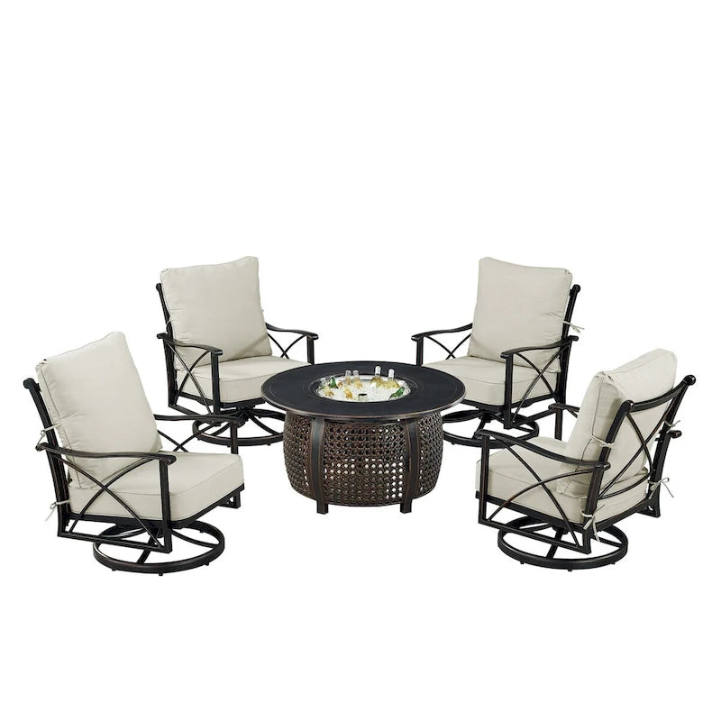 Ensemble table et feu en aluminium noir avec quatre fauteuils club