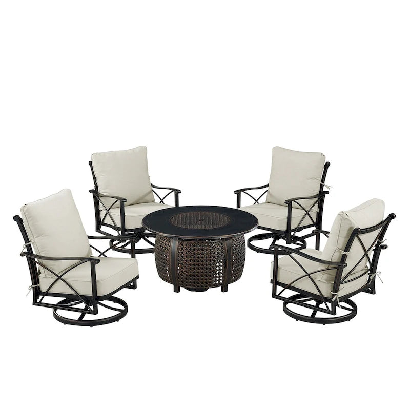Ensemble table et feu en aluminium noir avec quatre fauteuils club