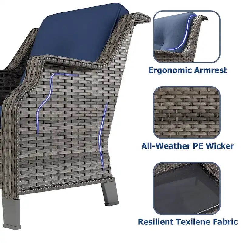 Ensemble de 6 chaises de patio en rotin tressé Cozywor avec table d'appoint et deux poufs, structure à bascule en métal, idéal pour le jardin, la terrasse ou le porche.