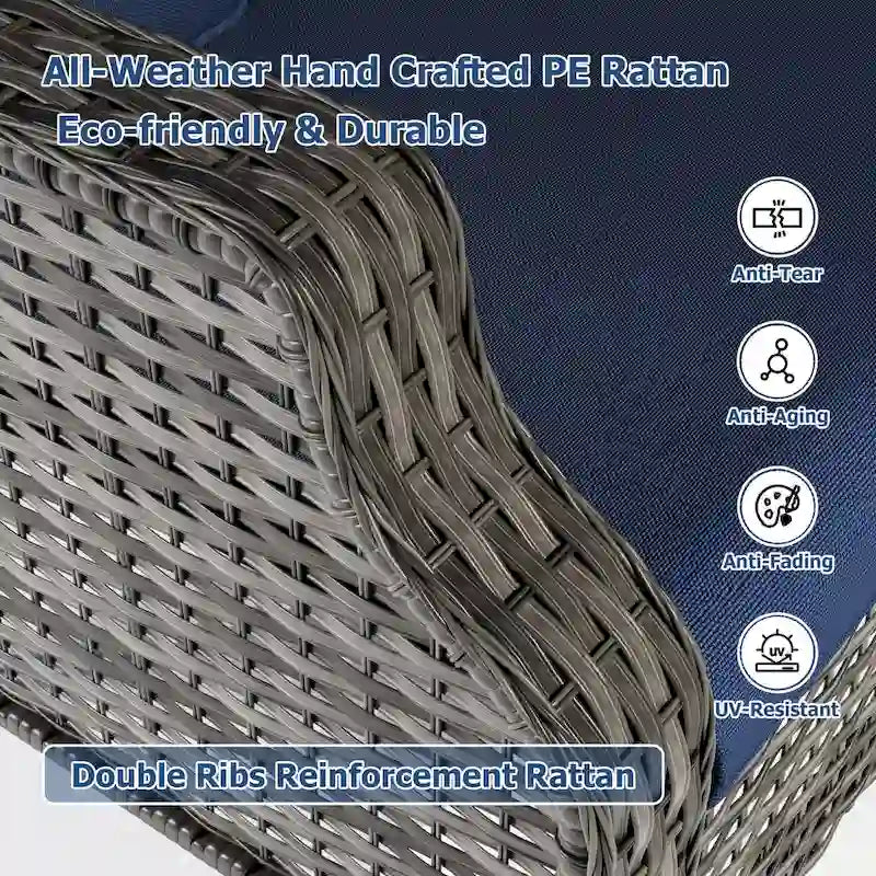 Ensemble de 6 chaises de patio en rotin tressé Cozywor avec table d'appoint et deux poufs, structure à bascule en métal, idéal pour le jardin, la terrasse ou le porche.