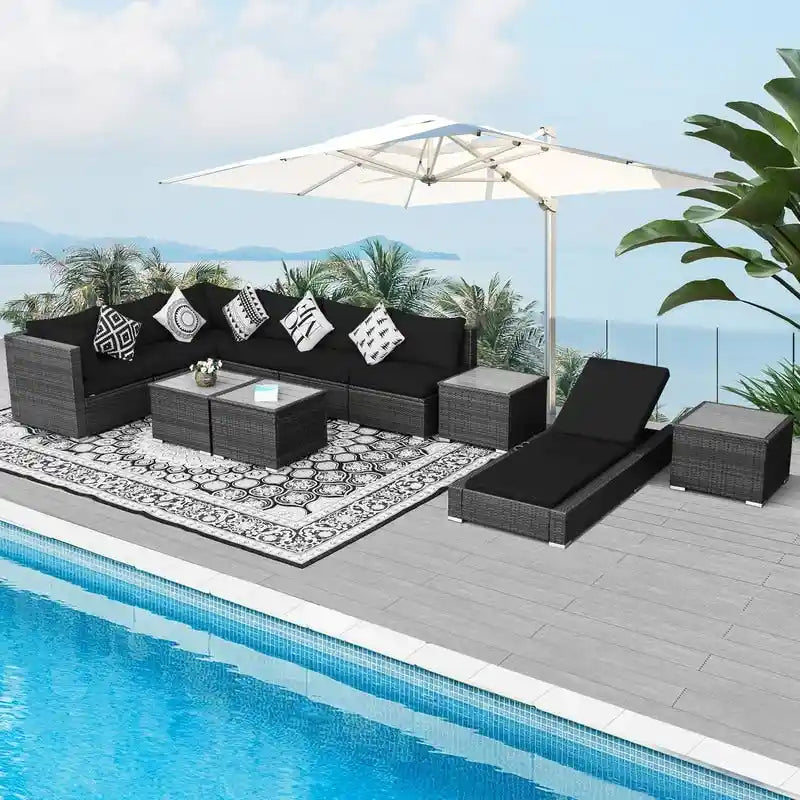 Ensemble de mobilier de jardin en résine tressée FINCATI, canapé d'angle avec table.