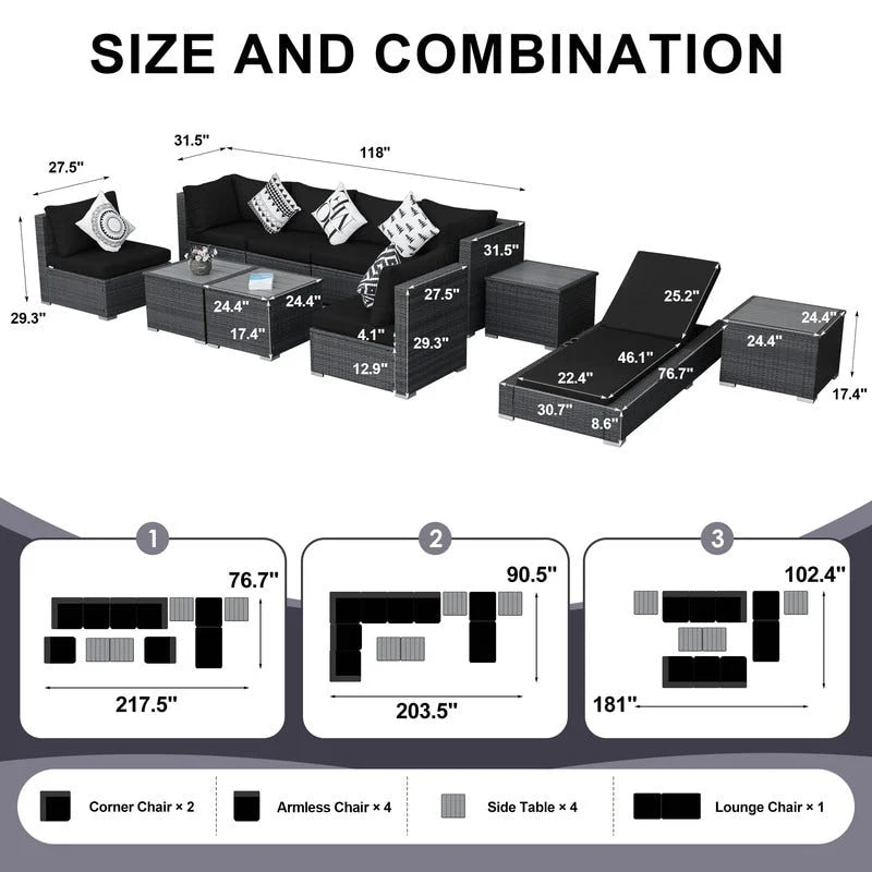 Ensemble de mobilier de jardin en résine tressée FINCATI, canapé d'angle avec table.