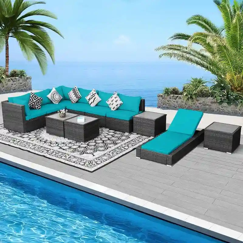 Ensemble de mobilier de jardin en résine tressée FINCATI, canapé d'angle avec table.