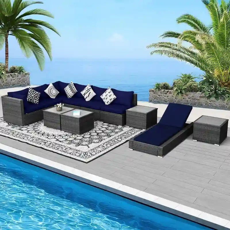 Ensemble de mobilier de jardin en résine tressée FINCATI, canapé d'angle avec table.