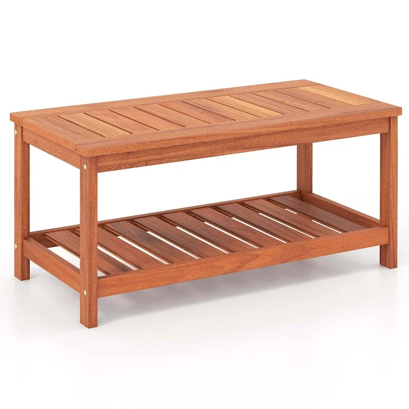 Table basse de patio à 2 niveaux en bois avec étagère de rangement