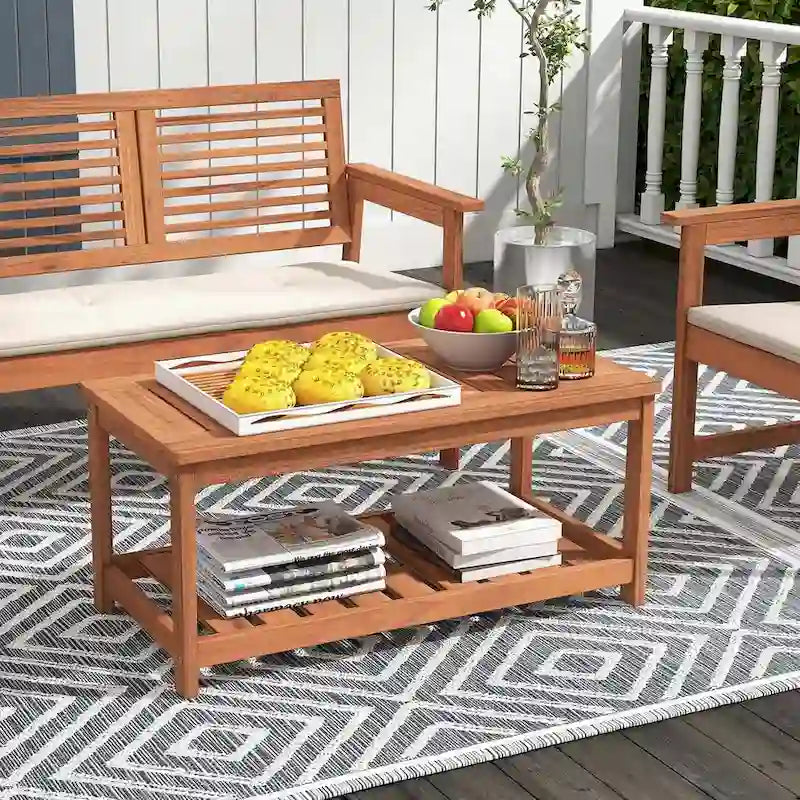 Patio Coffee Table 2-Tier Wooden Coffee Table w/ Storage Shelf