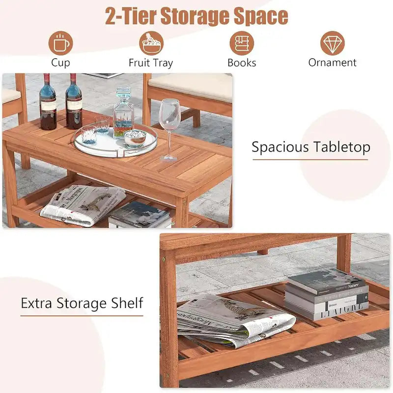 Table basse de patio à 2 niveaux en bois avec étagère de rangement
