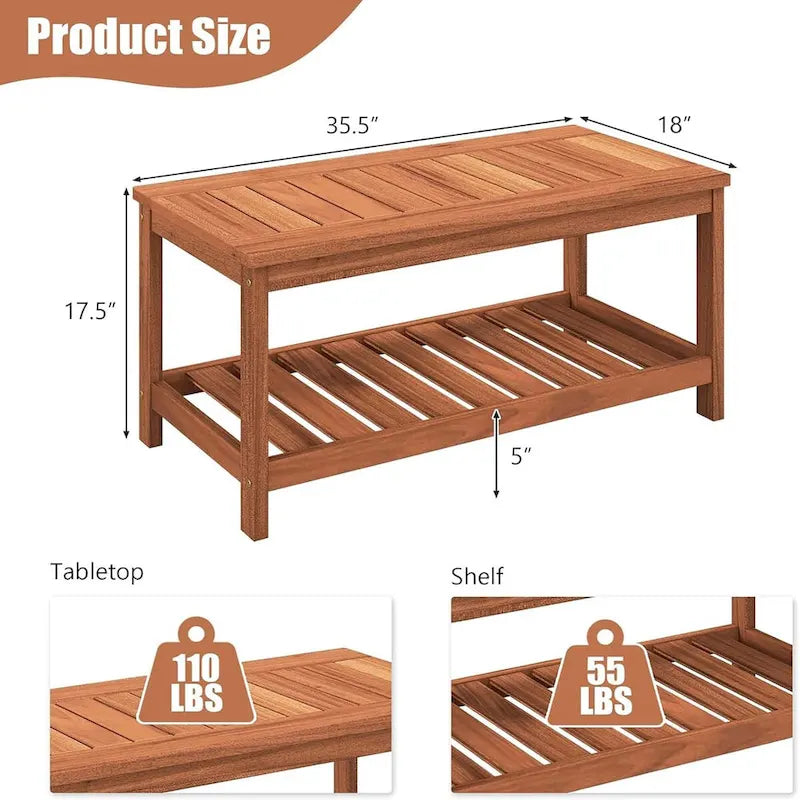 Table basse de patio à 2 niveaux en bois avec étagère de rangement
