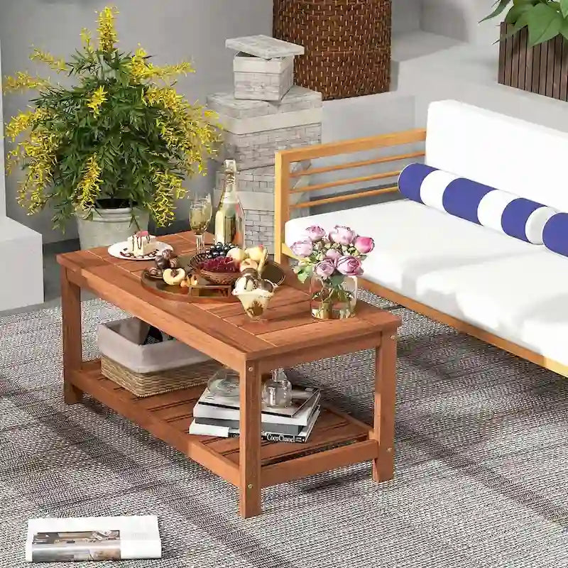 Table basse de patio à 2 niveaux en bois avec étagère de rangement