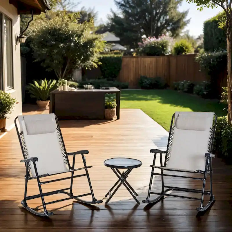3 Piece Outdoor Chair Set with Folding Rocker and Glass Coffee Table