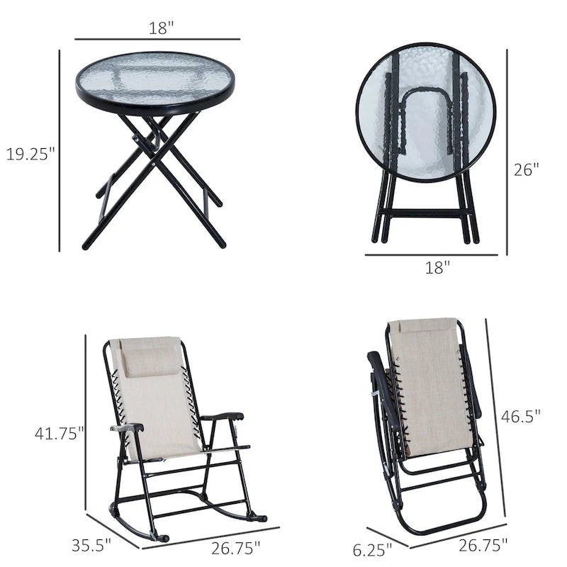 Ensemble de 3 chaises d'extérieur avec fauteuil à bascule pliant et table basse en verre