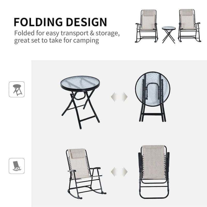 Ensemble de 3 chaises d'extérieur avec fauteuil à bascule pliant et table basse en verre